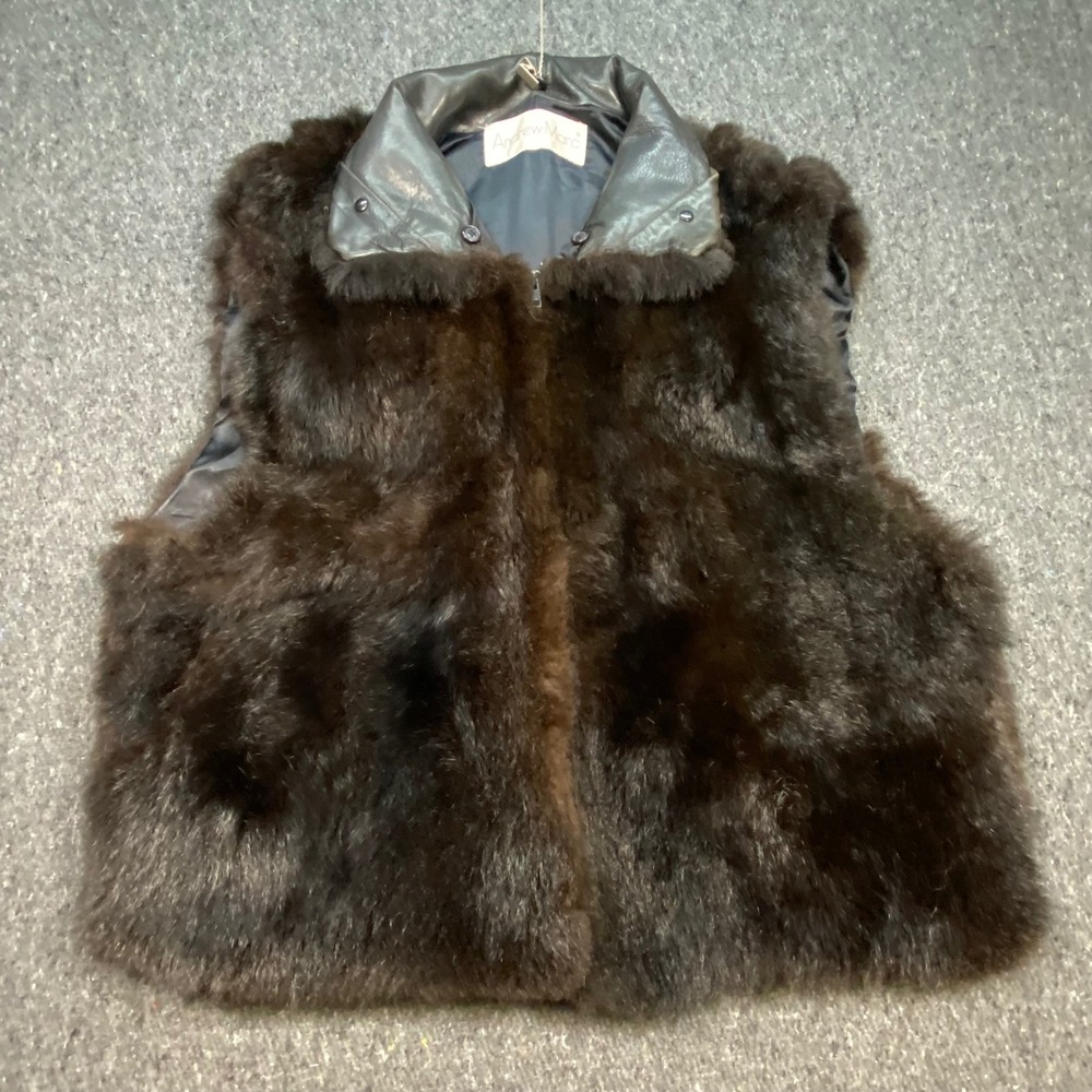 Andrew Marc Luxe Glam Womens XL Brown Faux Fur Leather Trim Zip Front Vest
